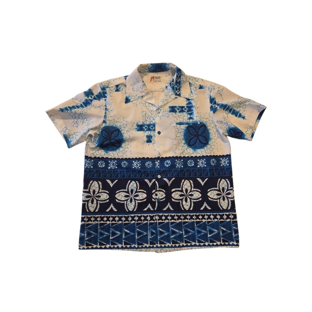 Vintage Malihini Hawaii Aloha Shirt Blue Tiki Tribal Barkcloth Style XL